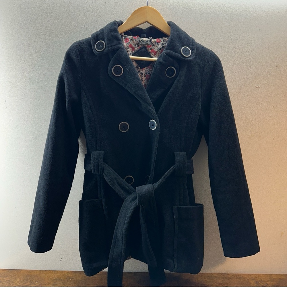 Joujou Black Wool Blend Double Breasted Belted Peacoat Jacket Floral Lining M